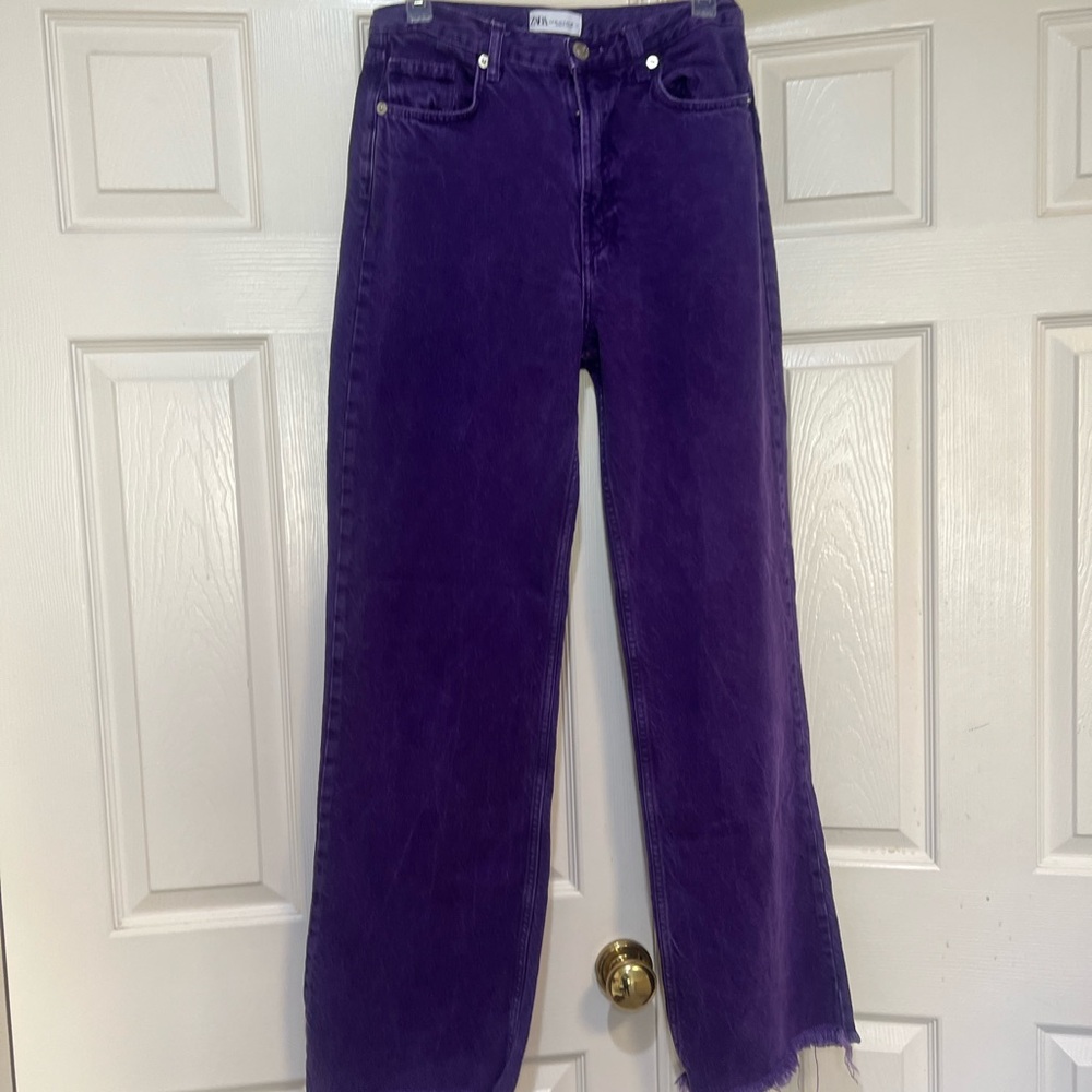 Zara Women size 6 Purple High Rise Straight Leg Jeans Raw Hem and Pockets - Picture 3 of 11